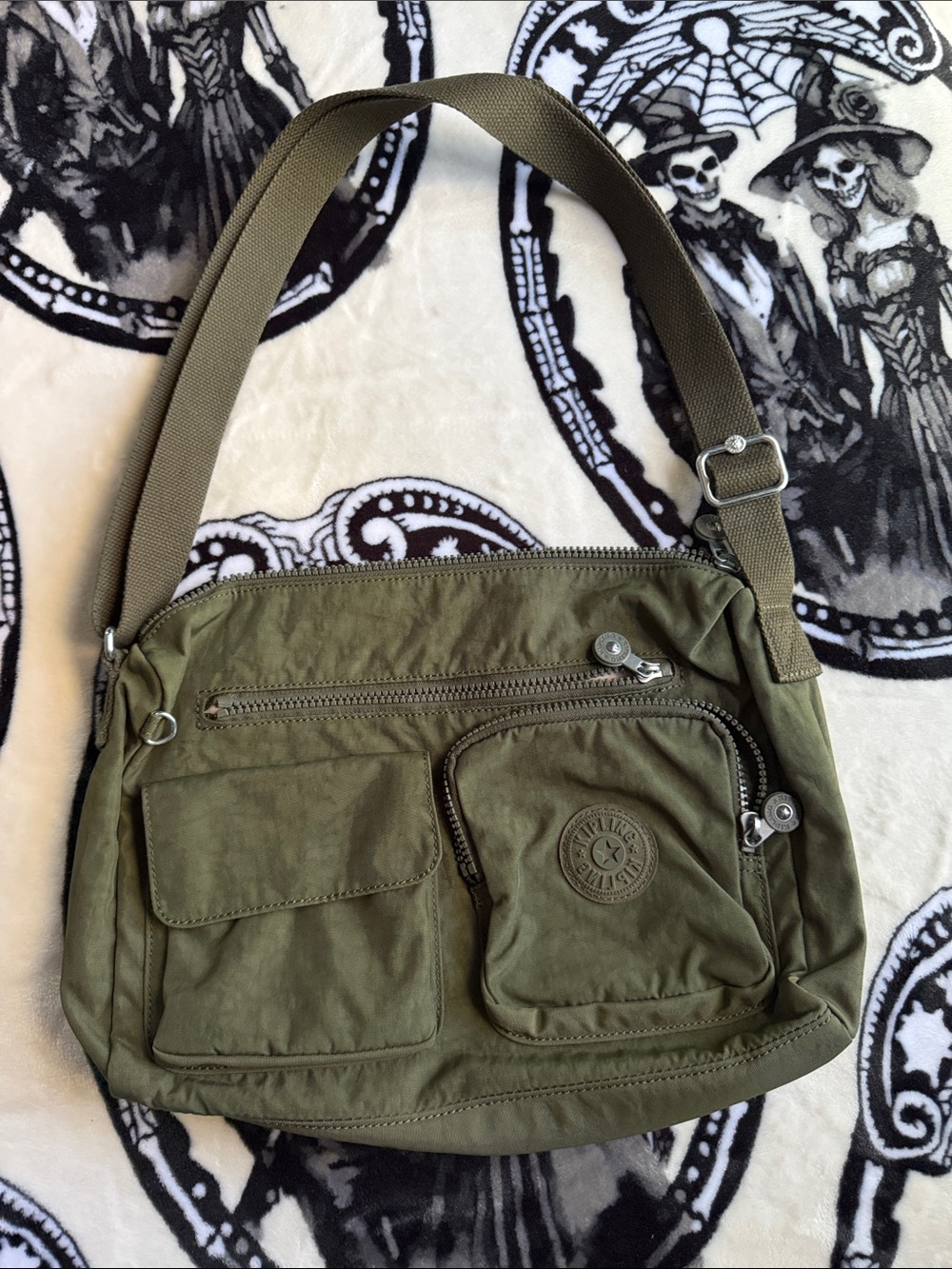 Olive Green Kipling Crossbody Shoulder Bag - Casual Everyday Tote